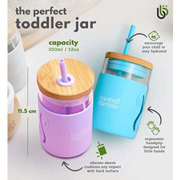 bamboo bamboo Toddler Sippy Cup with Straw and Lid, Transition Drinking Cup for Kids Holds 11.8 oz of Milk, Juice, Water or Smoothies – Glass Kids Cup with Impact-Resistant Silicone Sleeve and Straw