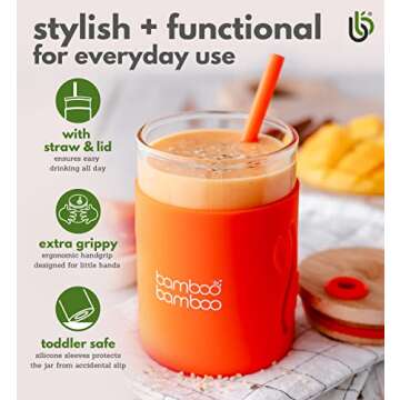 bamboo bamboo Toddler Sippy Cup with Straw and Lid, Transition Drinking Cup for Kids Holds 11.8 oz of Milk, Juice, Water or Smoothies – Glass Kids Cup with Impact-Resistant Silicone Sleeve and Straw