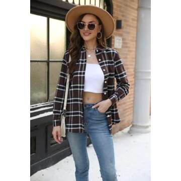 Zeagoo Flannel Shirt Women Button Down Shirts Fashion 2024 Oversized Brown Plaid Long Sleeve Shacket...