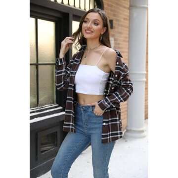 Zeagoo Flannel Shirt Women Button Down Shirts Fashion 2024 Oversized Brown Plaid Long Sleeve Shacket Gingham Blouses