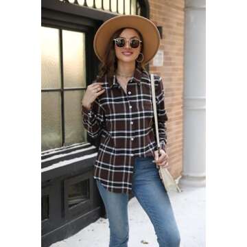 Zeagoo Flannel Shirt Women Button Down Shirts Fashion 2024 Oversized Brown Plaid Long Sleeve Shacket Gingham Blouses