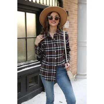 Zeagoo Flannel Shirt Women Button Down Shirts Fashion 2024 Oversized Brown Plaid Long Sleeve Shacket Gingham Blouses