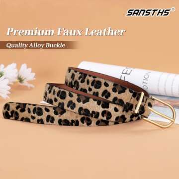 SANSTHS Women Faux Leather Chic Belts for Jeans Pants Fashion Ladies Belt Solid Color with Gold Curved Pin Buckle Leopard XL