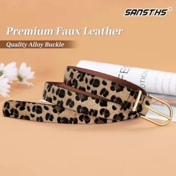 SANSTHS Women Faux Leather Chic Belts for Jeans Pants Fashion Ladies Belt Solid Color with Gold Curved Pin Buckle Leopard XL