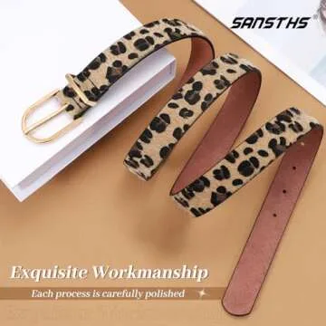 SANSTHS Women Faux Leather Chic Belts for Jeans Pants Fashion Ladies Belt Solid Color with Gold Curved Pin Buckle Leopard XL