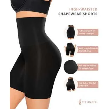FeelinGirl Tummy Control Shapewear Shorts Body Shaper for Women High-Waisted Thigh Slimmer Black