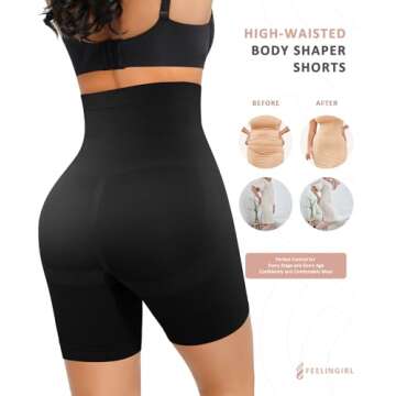 FeelinGirl Tummy Control Shapewear Shorts Body Shaper for Women High-Waisted Thigh Slimmer Black