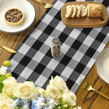 Black and White Buffalo Check Table Runner, Farmhouse Style Kitchen Table Decoration Holiday Wedding...
