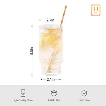 SUNNOW Ribbed Stackable Glass Cups - Set of 4 for Drinks
