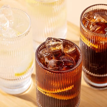 SUNNOW Ribbed Stackable Glass Cups - Set of 4 for Drinks