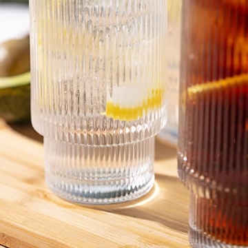 SUNNOW Ribbed Stackable Glass Cups - Set of 4 for Drinks