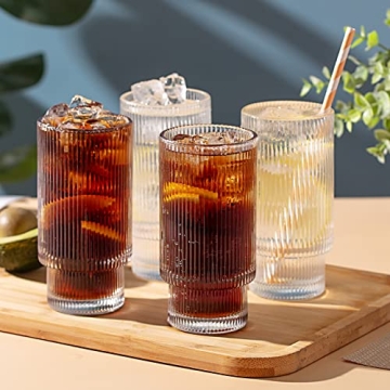 SUNNOW Ribbed Stackable Glass Cups - Set of 4 for Drinks