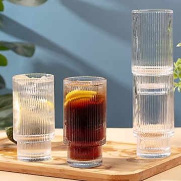 SUNNOW Ribbed Stackable Glass Cups - Set of 4 for Drinks