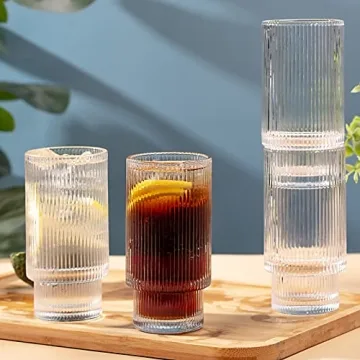 SUNNOW Ribbed Stackable Glass Cups - Set of 4 for Drinks
