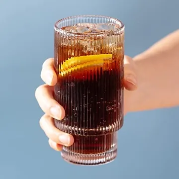 SUNNOW Ribbed Stackable Glass Cups - Set of 4 for Drinks