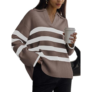 LILLUSORY Womens Striped Oversized V Neck Sweater - Trendy Casual Fall Wear