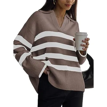 LILLUSORY Womens Striped Oversized V Neck Sweater - Trendy Casual Fall Wear