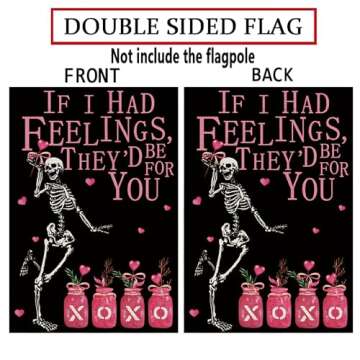 Valentines Day Garden Flag Valentine Skeleton Pink XOXO Heart Flags for Outside Anniversary Wedding Party Home Black Burlap Double Sided Yard Outdoor Decor 12.5x18 Inch