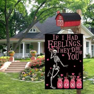 Valentines Day Garden Flag Valentine Skeleton Pink XOXO Heart Flags for Outside Anniversary Wedding Party Home Black Burlap Double Sided Yard Outdoor Decor 12.5x18 Inch