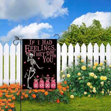 Valentines Day Garden Flag Valentine Skeleton Pink XOXO Heart Flags for Outside Anniversary Wedding Party Home Black Burlap Double Sided Yard Outdoor Decor 12.5x18 Inch