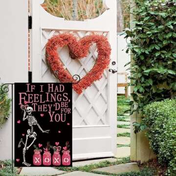 Valentines Day Garden Flag Valentine Skeleton Pink XOXO Heart Flags for Outside Anniversary Wedding Party Home Black Burlap Double Sided Yard Outdoor Decor 12.5x18 Inch