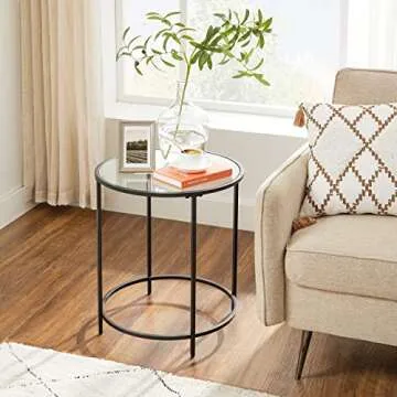 VASAGLE Round Side Table, Glass End Table with Metal Frame, Black Coffee Table with Modern Style, fo...