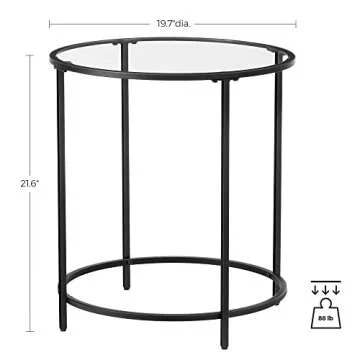 VASAGLE Round Side Table, Glass End Table with Metal Frame, Black Coffee Table with Modern Style, for Living Room, Balcony, Bedroom, Black