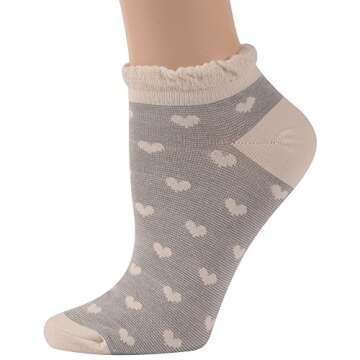 Funcat Ankle Dress Socks, Girls Womens Jacquard Fancy Cuff Breathable Frilly Casual Cotton Socks Low Cut 5 Pairs