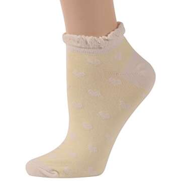 Funcat Ankle Dress Socks, Girls Womens Jacquard Fancy Cuff Breathable Frilly Casual Cotton Socks Low Cut 5 Pairs