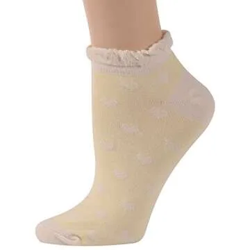 Funcat Ankle Dress Socks, Girls Womens Jacquard Fancy Cuff Breathable Frilly Casual Cotton Socks Low Cut 5 Pairs