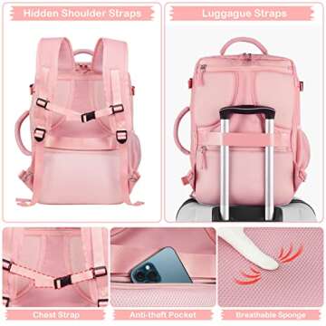 Hanples Travel Backpack for Women as Person Item Flight Approved, Large Carry On Backpack, 17.3 Inch Laptop Backpack, Waterproof Backpack, Hiking Backpack, Casual Bag (Pink)