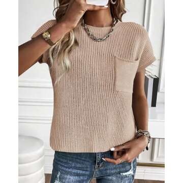 KIRUNDO Short Sleeve Sweater for Women 2025 Casual Sweater Vest Cotton Knit Pullover Tank Tops Trendy Spring Summer Outfits(Beige, Large)