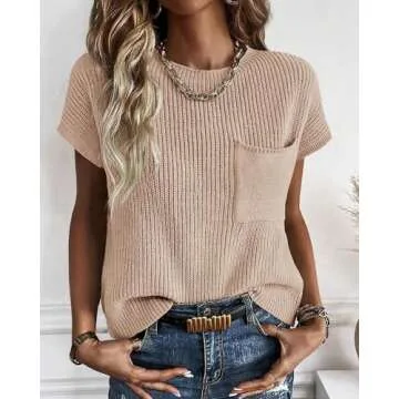 KIRUNDO Short Sleeve Sweater for Women 2025 Casual Sweater Vest Cotton Knit Pullover Tank Tops Trendy Spring Summer Outfits(Beige, Large)