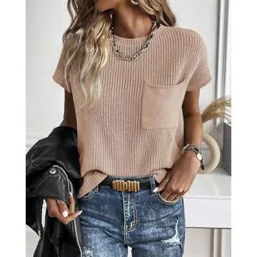 KIRUNDO Short Sleeve Sweater for Women 2025 Casual Sweater Vest Cotton Knit Pullover Tank Tops Trendy Spring Summer Outfits(Beige, Large)