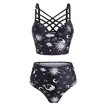 JMSUN Women's Bikini Summer Bathing Suit - Sun Star Moon Lattice High Waisted Tankini Swimsuit