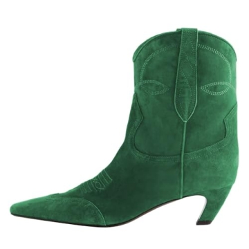 FSJ Women’s Stylish Green Suede Square Toe Low Heel Ankle Boots for All Occasions