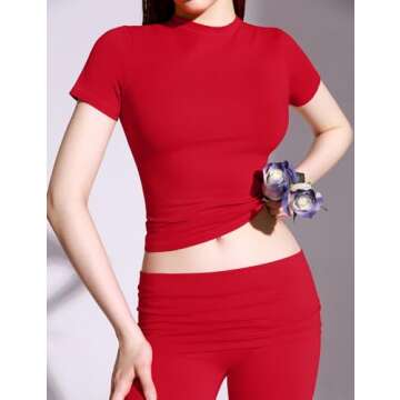 PUMIEY Two Piece Sets for women Lounge Sets Short Sleeve Tops Flare Leggings Set Going Out Casual Outfits Matching Sets Tracksuit, Ruby Small