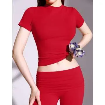 PUMIEY Two Piece Sets for women Lounge Sets Short Sleeve Tops Flare Leggings Set Going Out Casual Outfits Matching Sets Tracksuit, Ruby Small