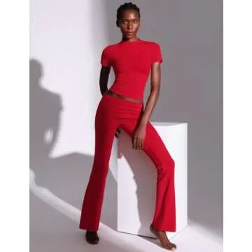 PUMIEY Two Piece Sets for women Lounge Sets Short Sleeve Tops Flare Leggings Set Going Out Casual Outfits Matching Sets Tracksuit, Ruby Small