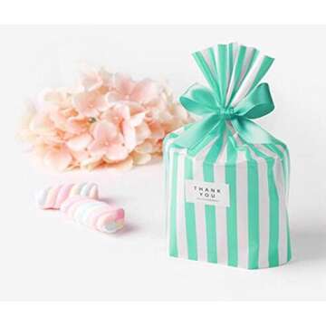 Stylish Turquoise White Striped Party Treat Bags - 100pc