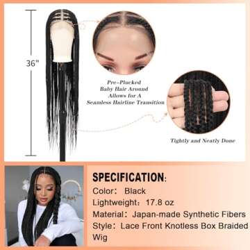 Brinbea 36 inch 13X8" HD Lace Front Braided Wigs Knotless Braided Wigs for Women Box Braid Wig with Baby Hair Human Hair Blended Braided Wigs Long Black