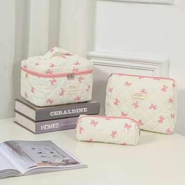 uekeboag Quilted Cotton Makeup Bag,Coquette Quilted Toiletry Bag for Women and Girls,Floral Coquette Pouch,Cute Kawaii Travel Cosmetic Bags(06Little Pink Bow)
