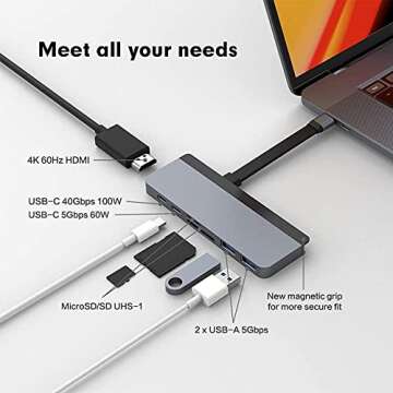 HyperDrive USB C Hub, Hyper Duo 7-in-2 USB C Adapter - MacBook Pro Adapter with Magnetic Grip, 4K HDMI, USB-C 40Gbps 100W PD, 3.1 USB-A, MicroSD/SD - Space Gray