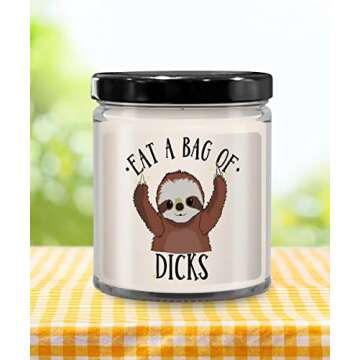 The Improper Mug Funny Sloth Candle for Friend or Coworker Eat A Bag of Dicks Inappropriate Birthday Idea 9 Oz. Vanilla Scented Soy Wax Sarcastic Adult Humor for Men o