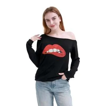 MAGICMK Woman’s Sweatershirt Lips Print Causal Blouse Off The Shoulder Long Sleeve Loose Slouchy Pullover Plus Size Tops…(3XL)