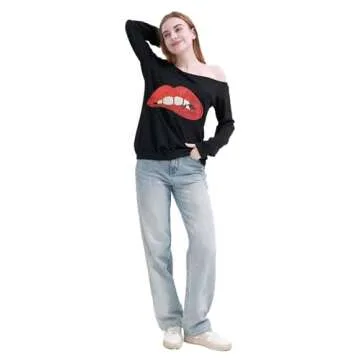 MAGICMK Woman’s Sweatershirt Lips Print Causal Blouse Off The Shoulder Long Sleeve Loose Slouchy Pullover Plus Size Tops…(3XL)