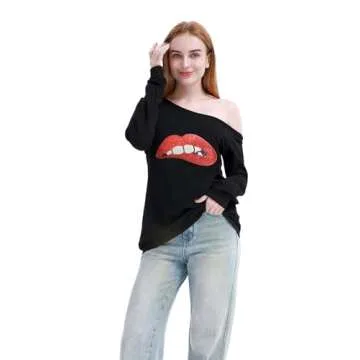 MAGICMK Woman’s Sweatershirt Lips Print Causal Blouse Off The Shoulder Long Sleeve Loose Slouchy Pullover Plus Size Tops…(3XL)