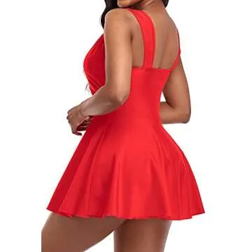 SHEKINI Womens Elegant One Piece Swimdress Tummy Control Crossover Skirted Swimsuit (Red, Medium)