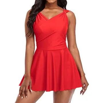 SHEKINI Womens Elegant One Piece Swimdress Tummy Control Crossover Skirted Swimsuit (Red, Medium)