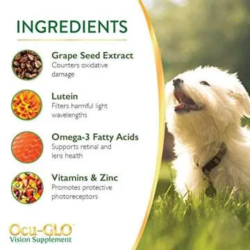 Ocu-GLO Cat & Dog Senior Supplement for Eye Support - Chewable Vision Vitamins Supplements for Large and Small Pets Care with Lutein, Omega-3 Fatty Acids, Grape Seed Extract & Antioxidants